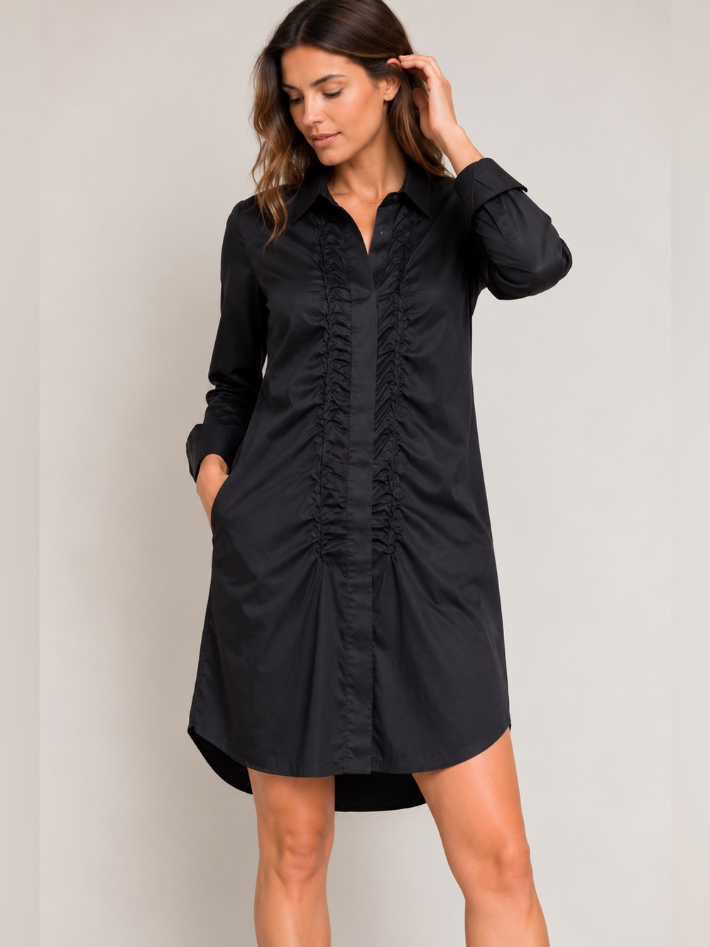 Roberto Rodriguez Ruched Button Front Shirt Dress Black Size 8 Cotton Stretch